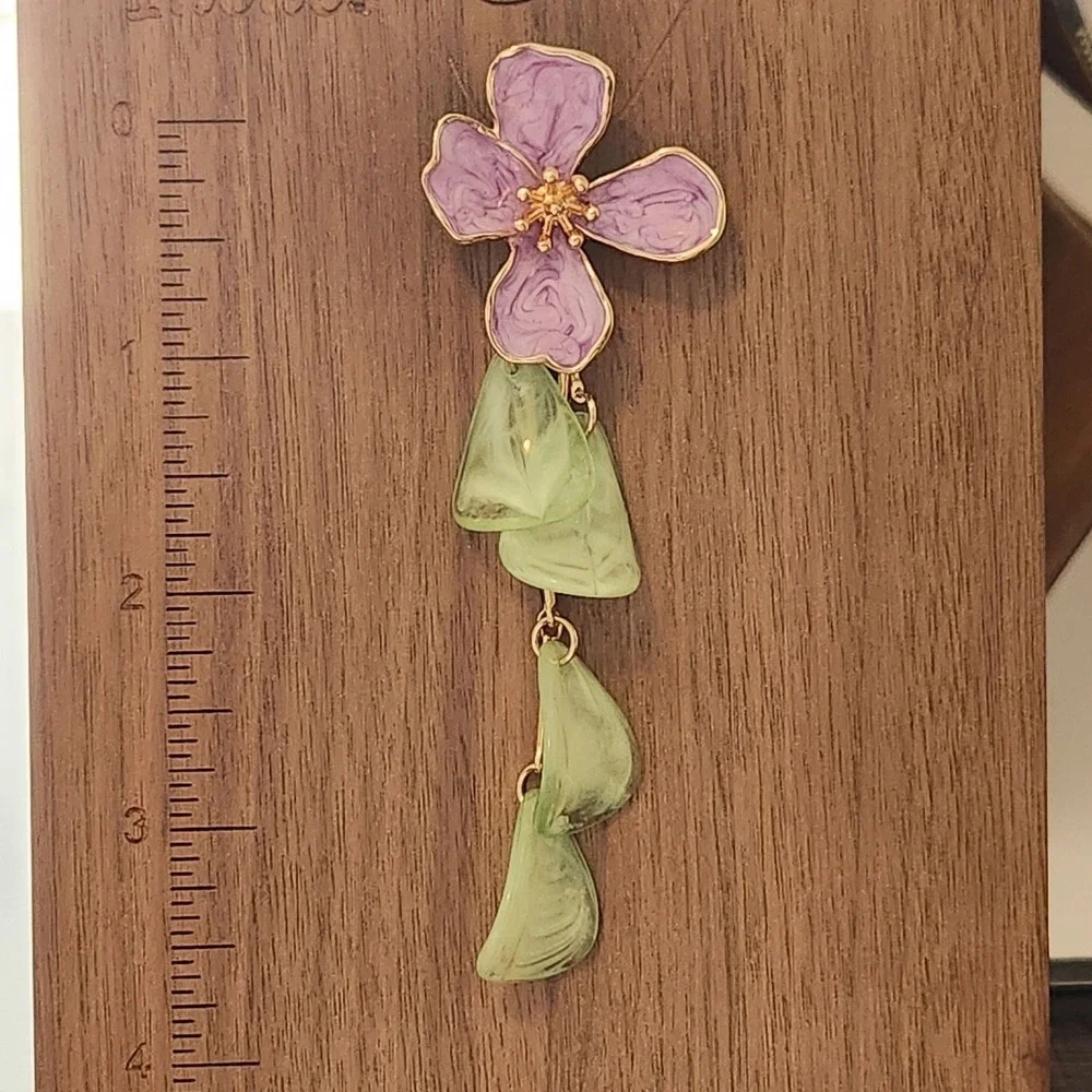 Purple Flower Green Marbled Petal‎ Dangle Drop Earrings Gold Tone Botanical